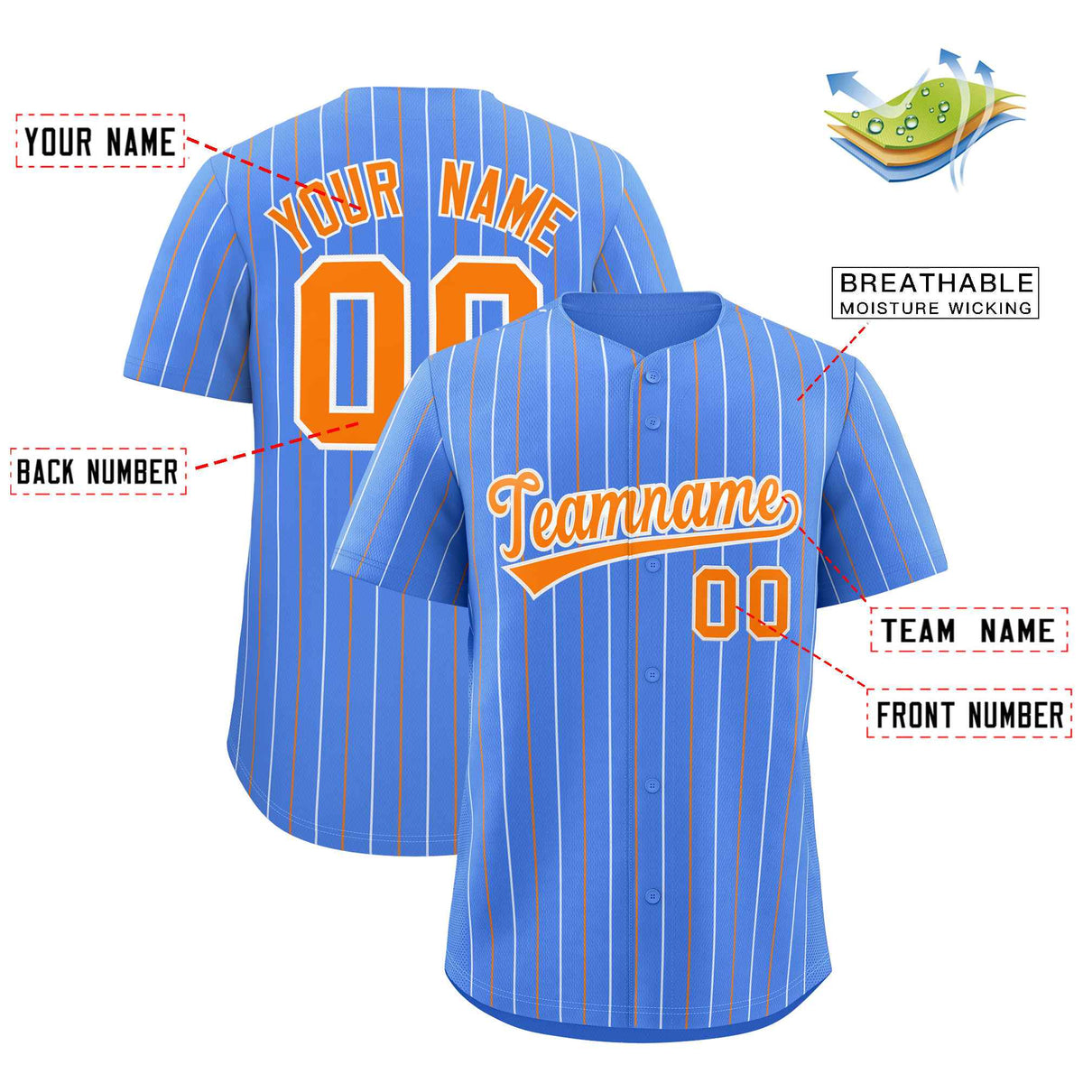 Custom Powder Blue Orange and White Bi-Color Stripes Fashion Authentic Baseball Jersey