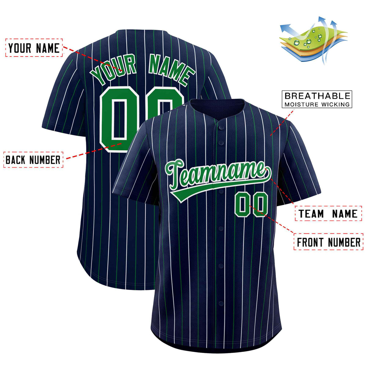 Custom Navy Kelly Green and White Bi-Color Stripes Fashion Authentic Baseball Jersey