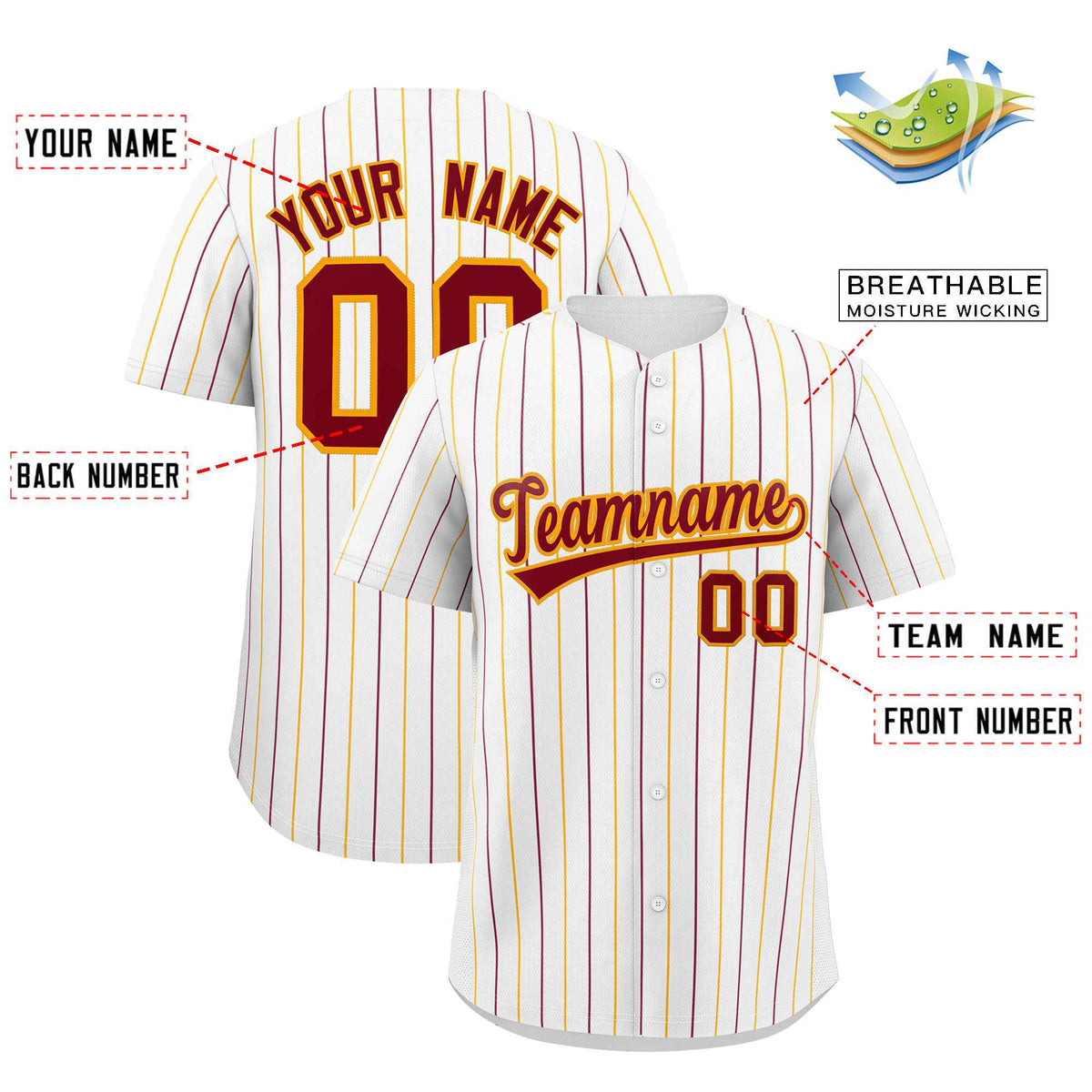 Custom White Crimson and Yellow Bi-Color Stripes Fashion Authentic Baseball Jersey