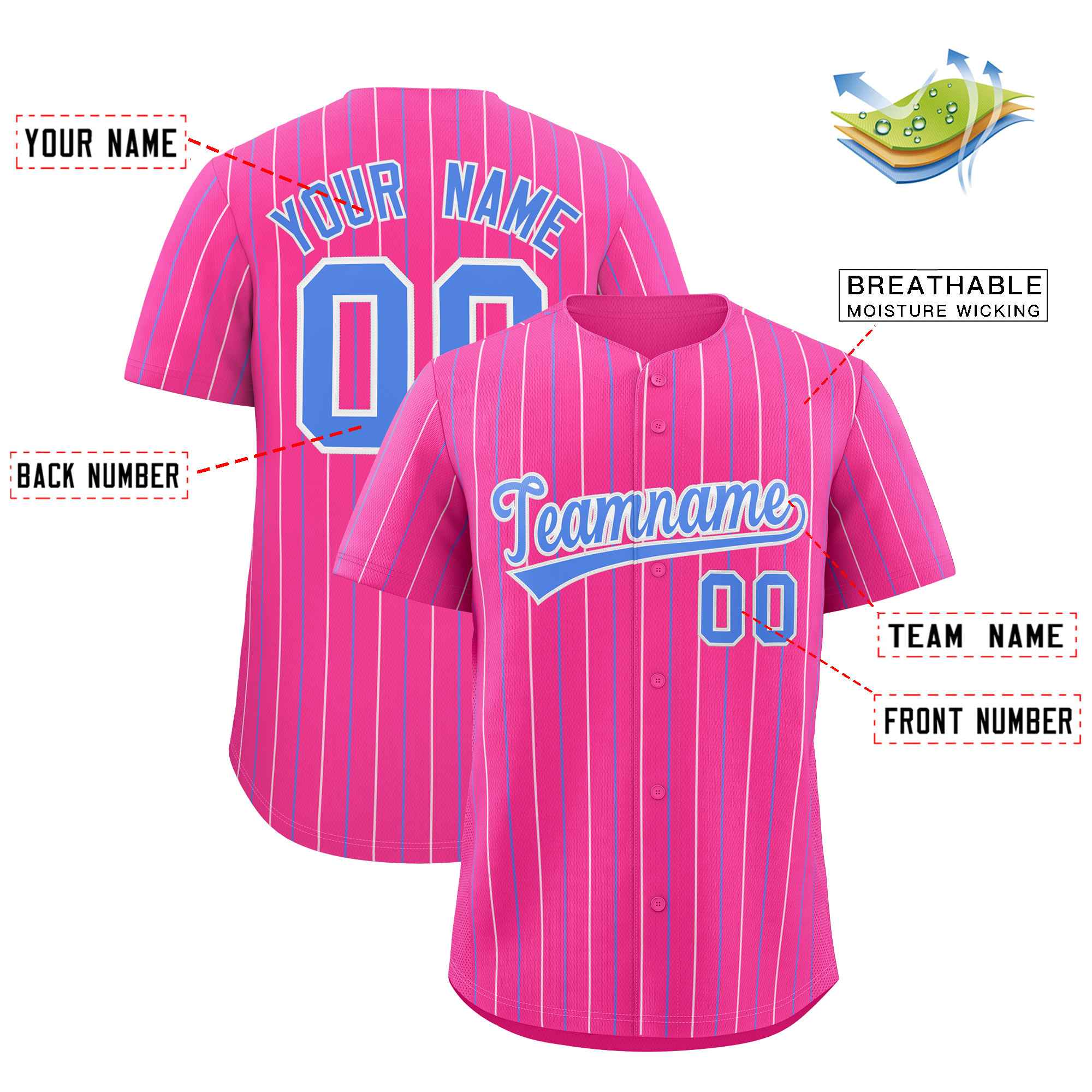 Custom Pink White and Powder Blue Bi-Color Stripes Fashion Authentic Baseball Jersey