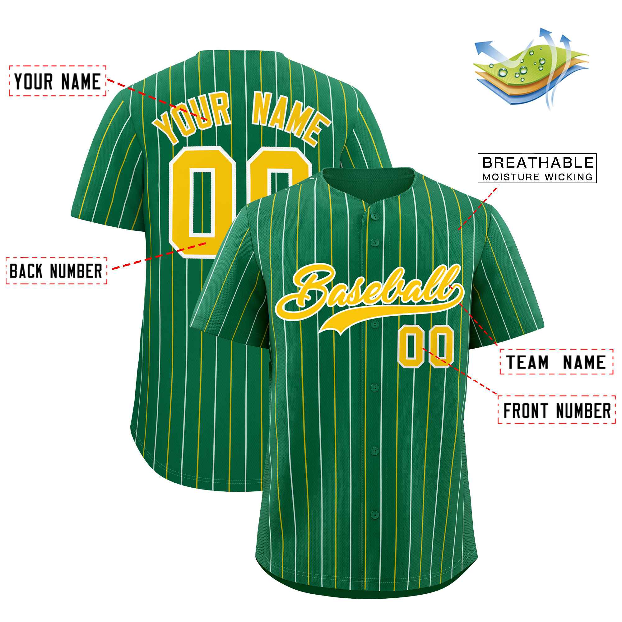 Custom Kelly Green Gold and White Bi-Color Stripes Fashion Authentic Baseball Jersey