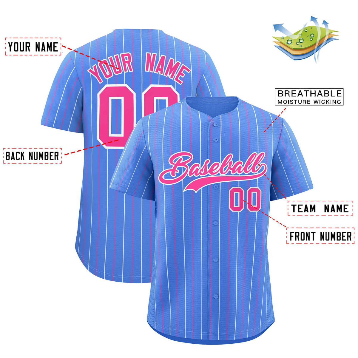 Custom Powder Blue Pink and White Bi-Color Stripes Fashion Authentic Baseball Jersey