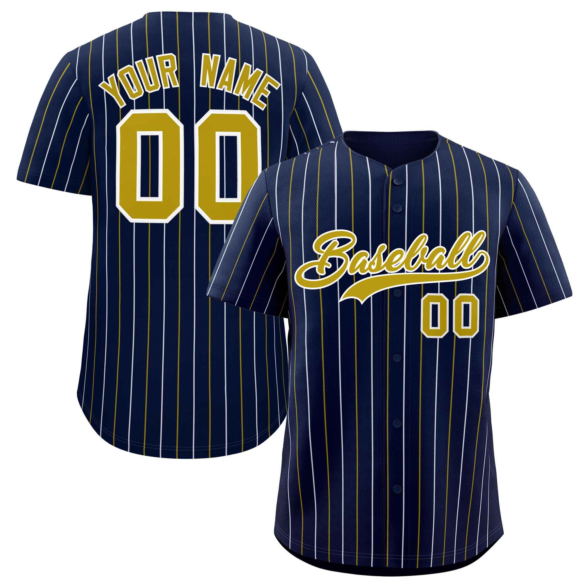 Custom Navy Old Gold and White Bi-Color Stripes Fashion Authentic Baseball Jersey