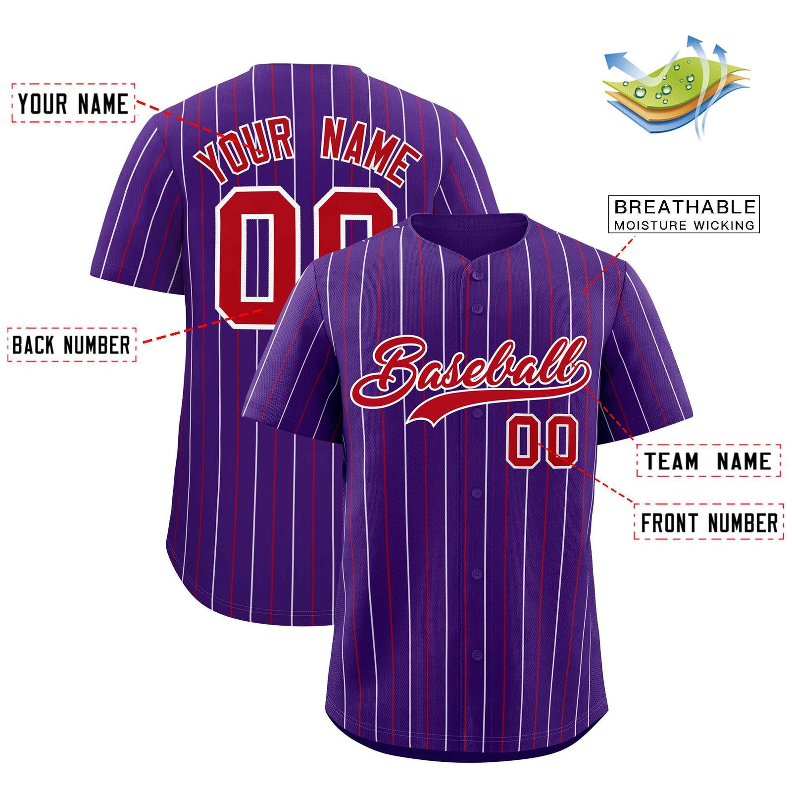 Custom Purple Red and White Bi-Color Stripes Fashion Authentic Baseball Jersey