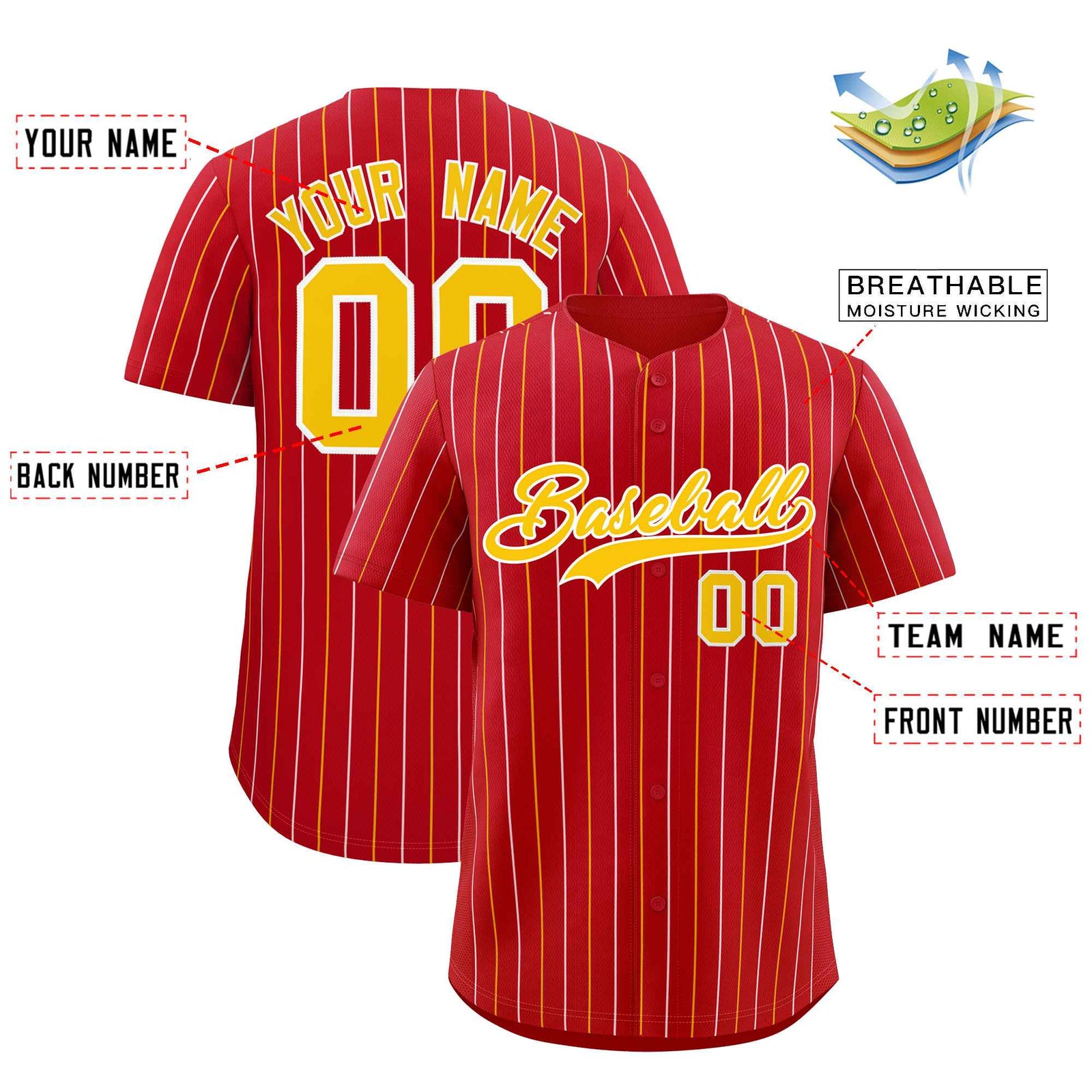 Custom Red Gold and White Bi-Color Stripes Fashion Authentic Baseball Jersey
