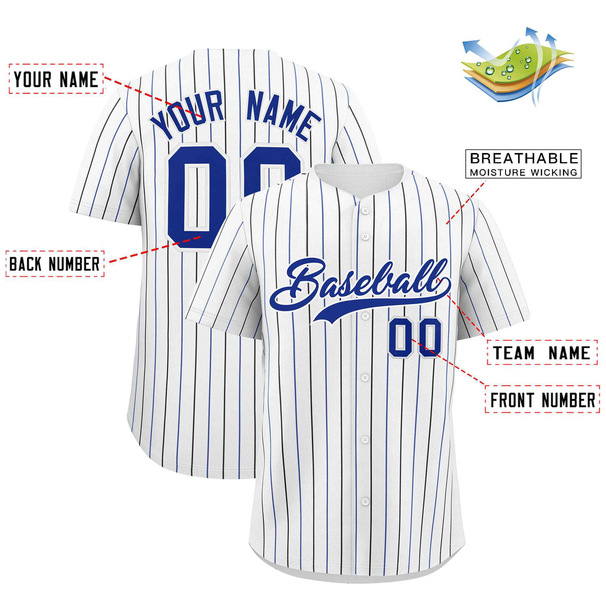 Custom White Royal and Black Bi-Color Stripes Fashion Authentic Baseball Jersey