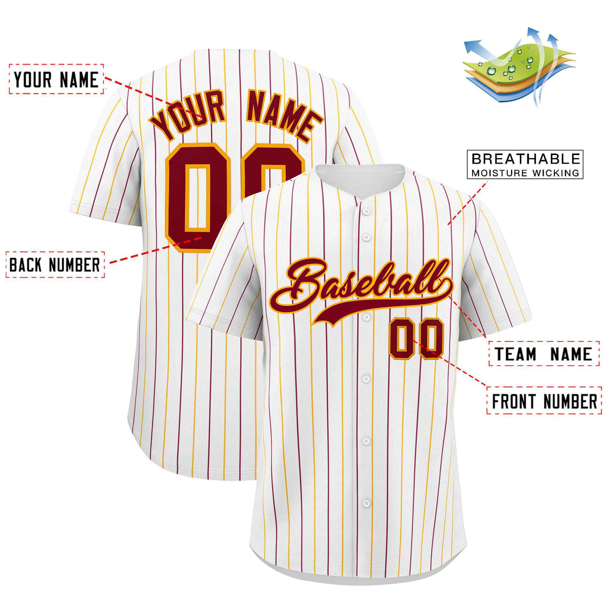 Custom White Crimson and Yellow Bi-Color Stripes Fashion Authentic Baseball Jersey