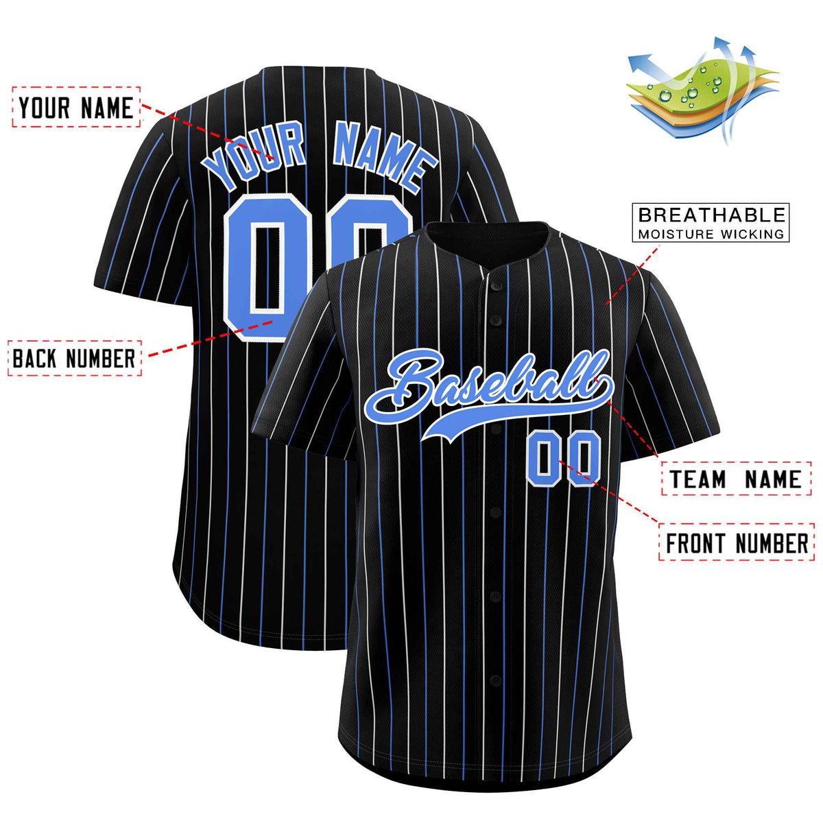Custom Black Powder Blue and White Bi-Color Stripes Fashion Authentic Baseball Jersey
