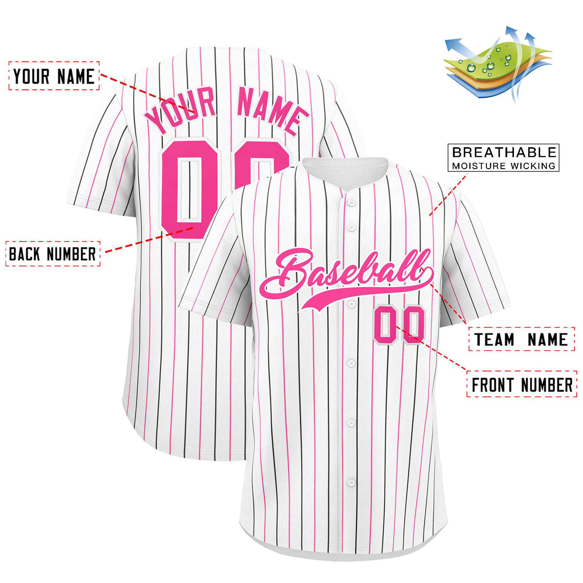 Custom White Black and Pink Bi-Color Stripes Fashion Authentic Baseball Jersey