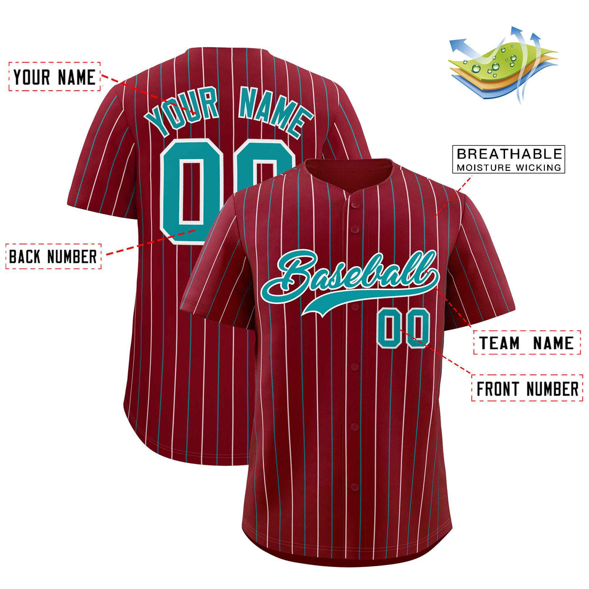 Custom Crimson Aqua and White Bi-Color Stripes Fashion Authentic Baseball Jersey