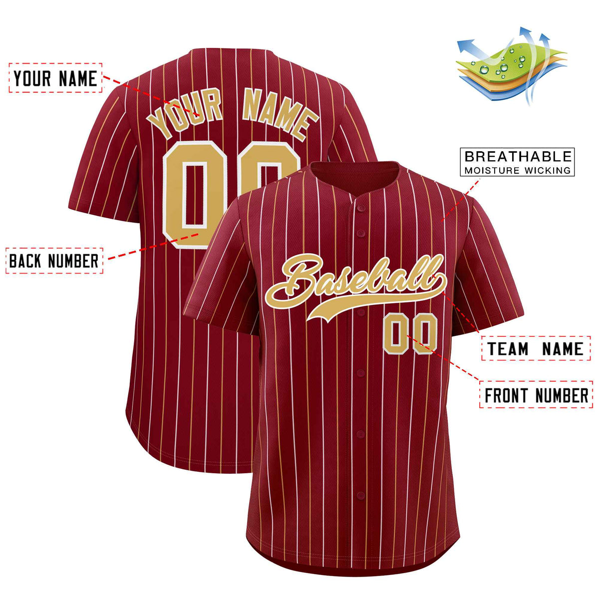 Custom Crimson Old Gold and White Bi-Color Stripes Fashion Authentic Baseball Jersey