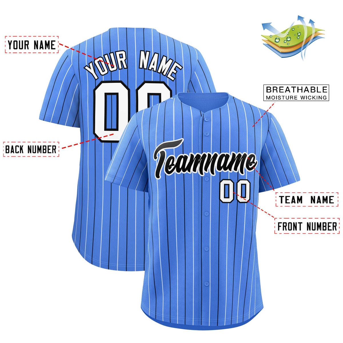 Custom Powder Blue White and Black Bi-Color Stripes Fashion Authentic Baseball Jersey