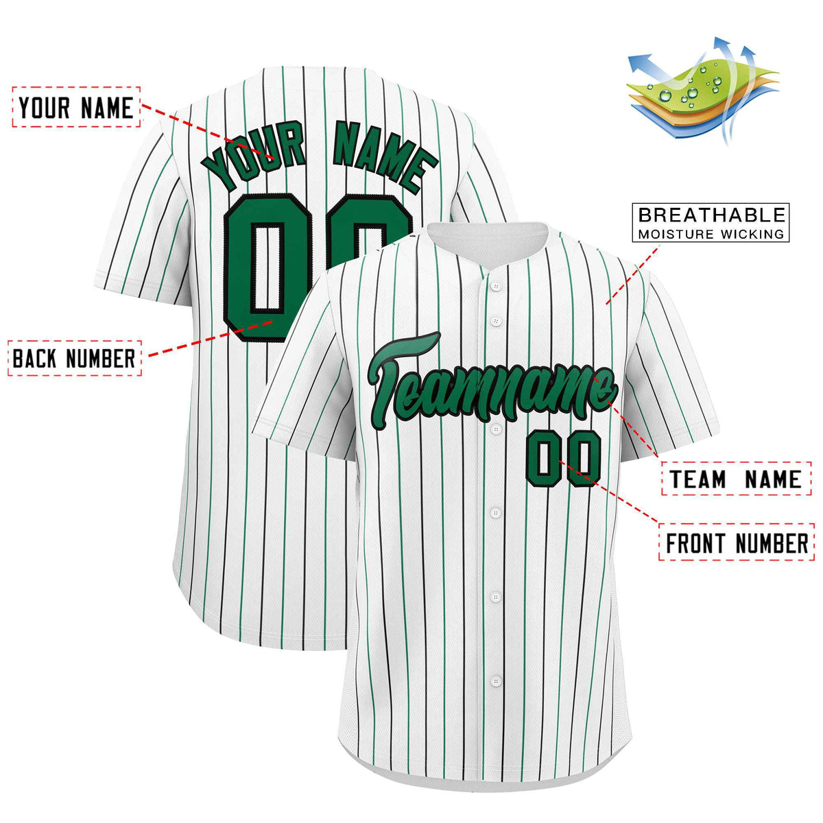 Custom White Kelly Green and Black Bi-Color Stripes Fashion Authentic Baseball Jersey