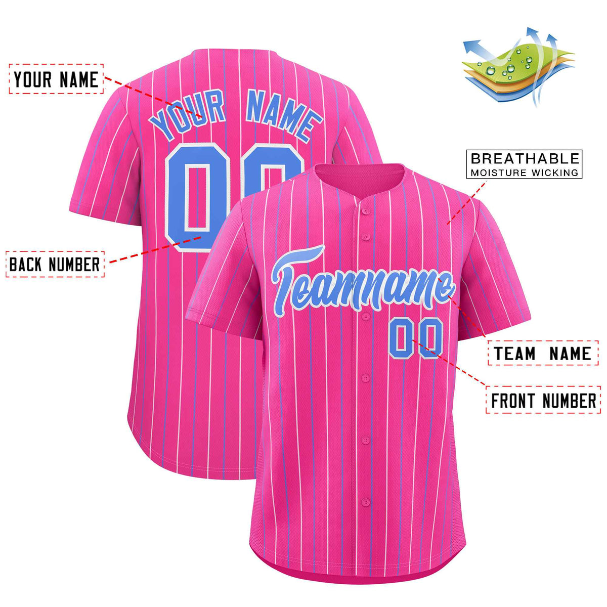 Custom Pink White and Powder Blue Bi-Color Stripes Fashion Authentic Baseball Jersey