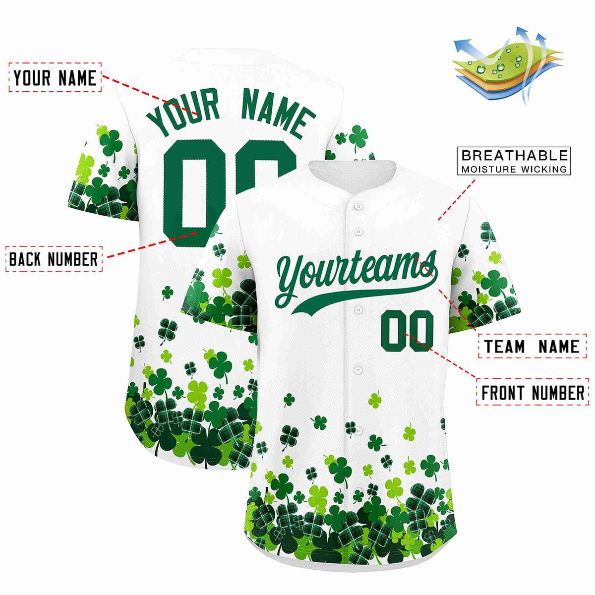 Custom White Green St.Patrick&#39;s Day Personalized Four Leaf Clover Pattern Baseball Jersey