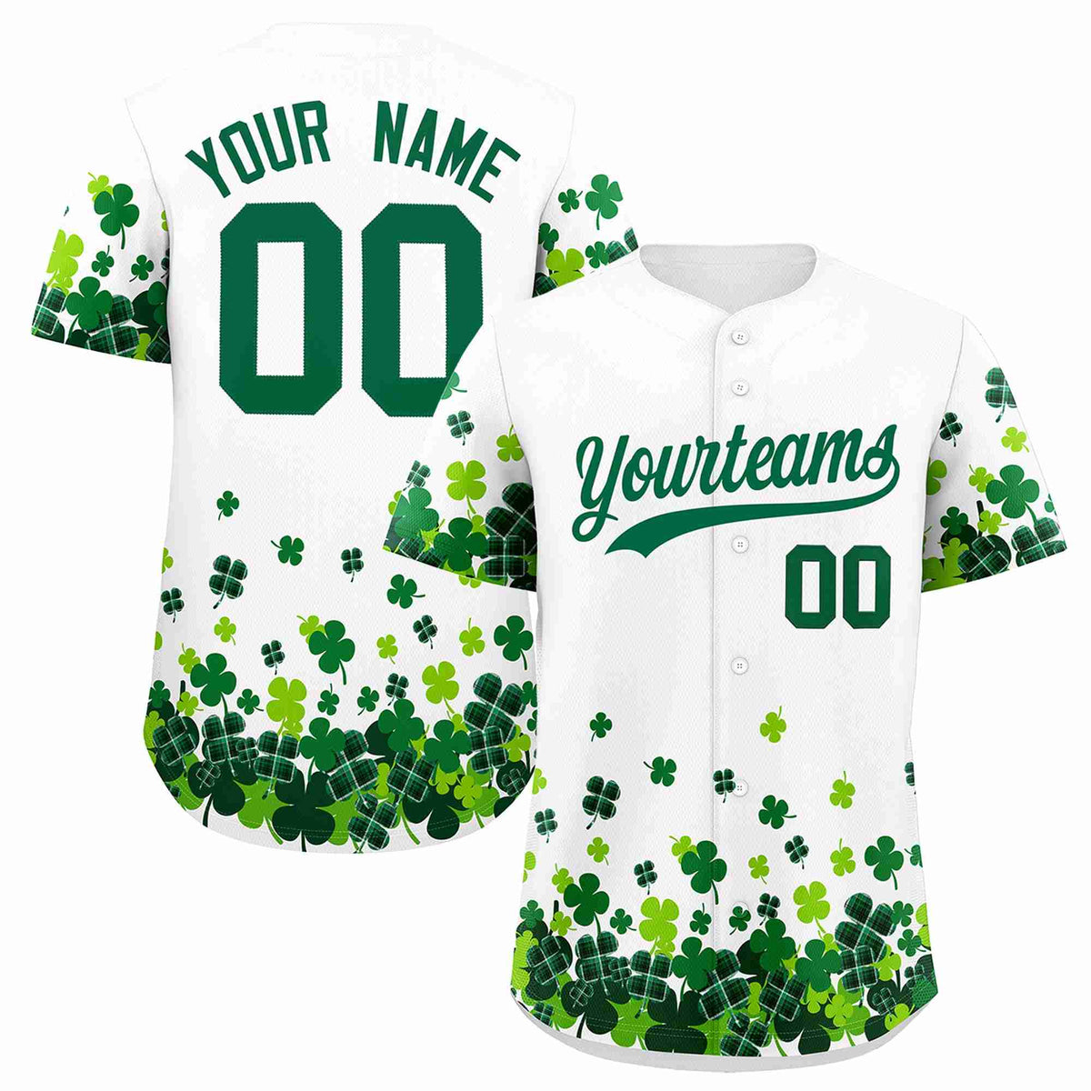 Custom White Green St.Patrick&#39;s Day Personalized Four Leaf Clover Pattern Baseball Jersey