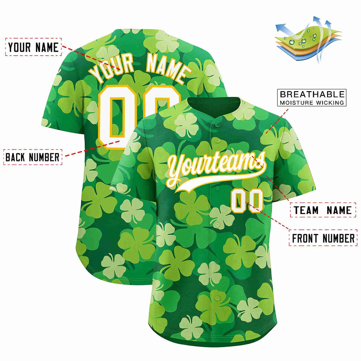 Custom Kelly Green White St.Patrick&#39;s Day Personalized Four Leaf Clover Pattern Baseball Jersey