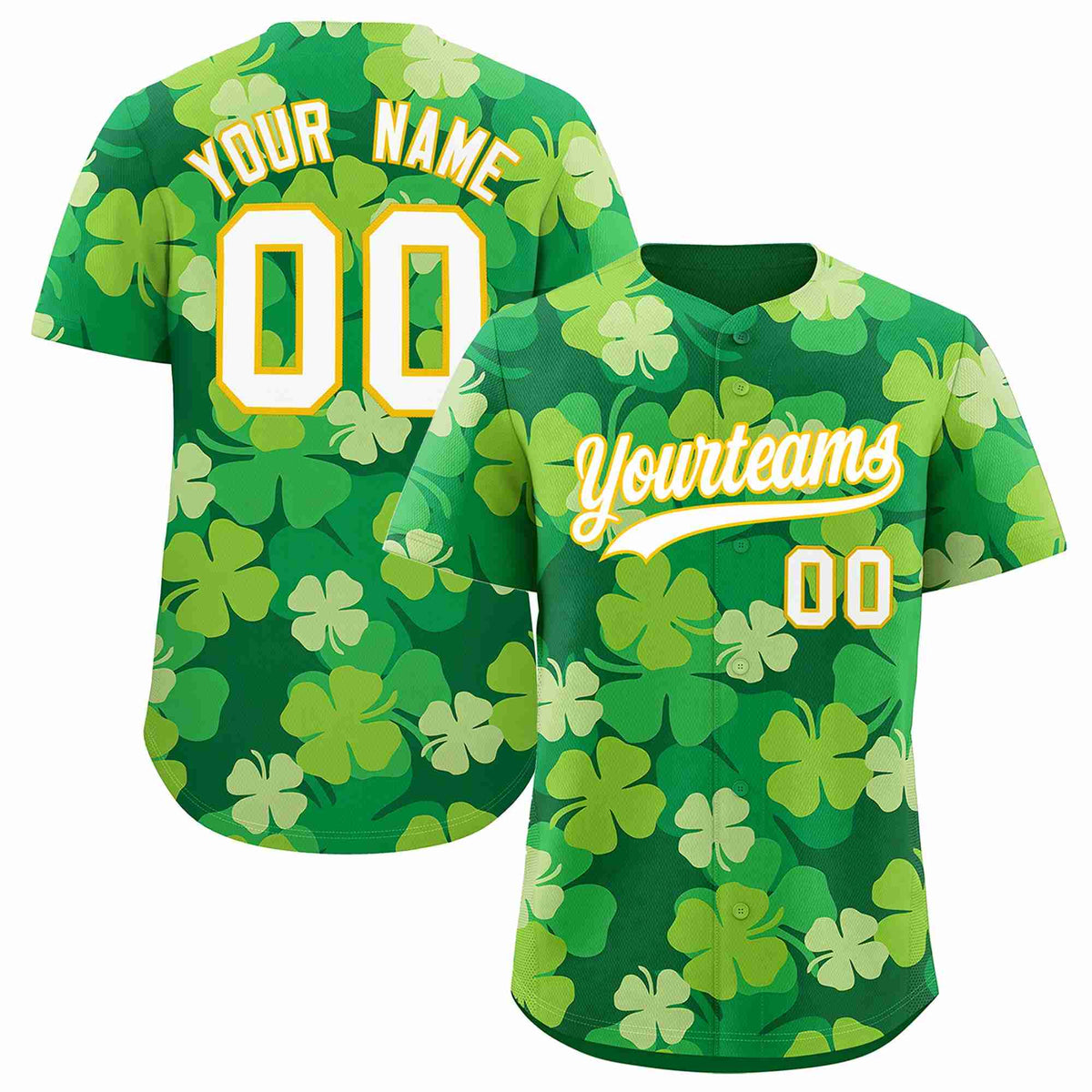 Custom Kelly Green White St.Patrick&#39;s Day Personalized Four Leaf Clover Pattern Baseball Jersey