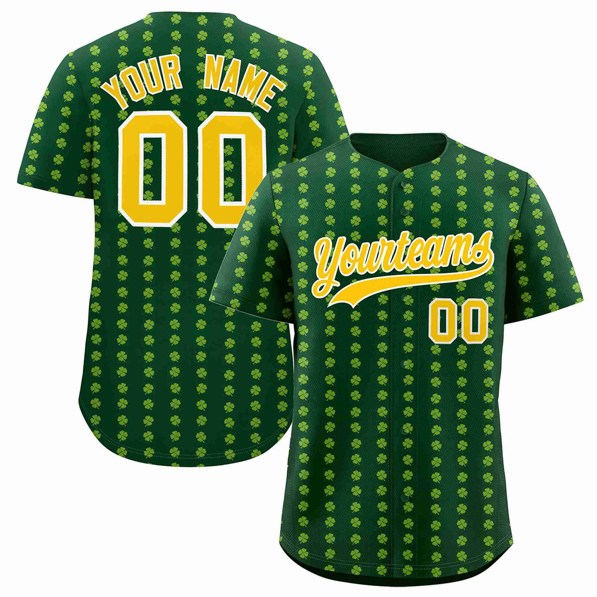 Custom Green Gold St.Patrick&#39;s Day Personalized Four Leaf Clover Pattern Baseball Jersey