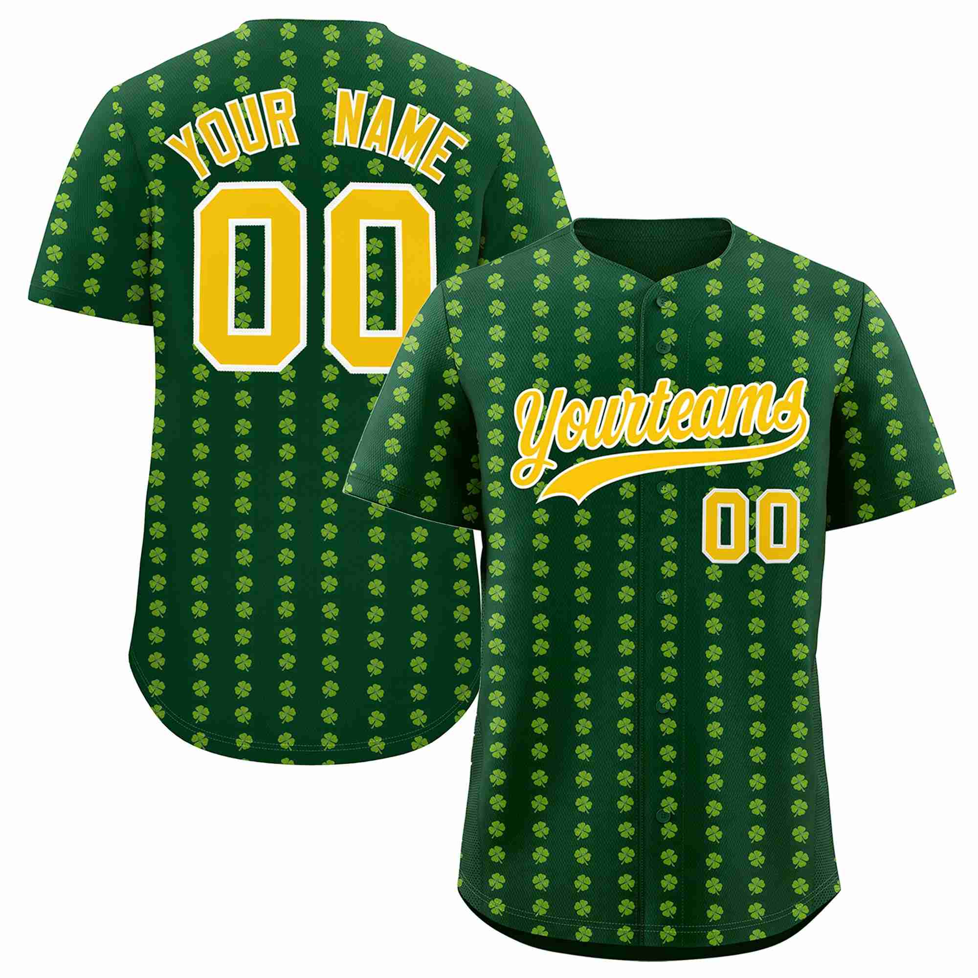 Custom Green Gold St.Patrick's Day Personalized Four Leaf Clover Pattern Baseball Jersey