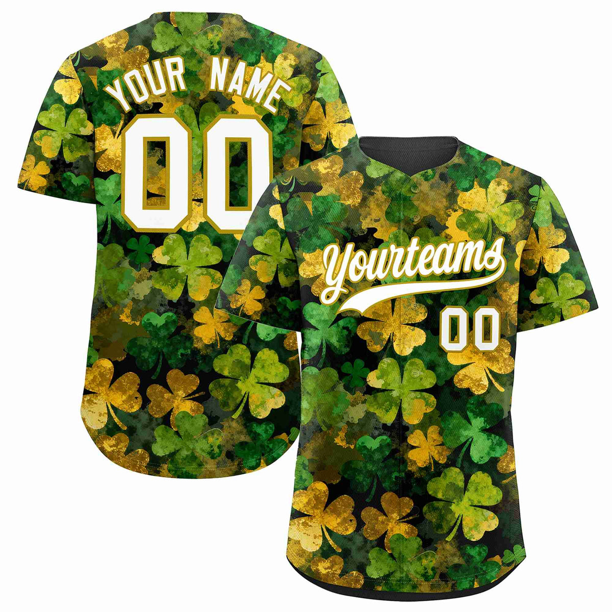 Custom Black White St.Patrick&#39;s Day Personalized Four Leaf Clover Pattern Baseball Jersey