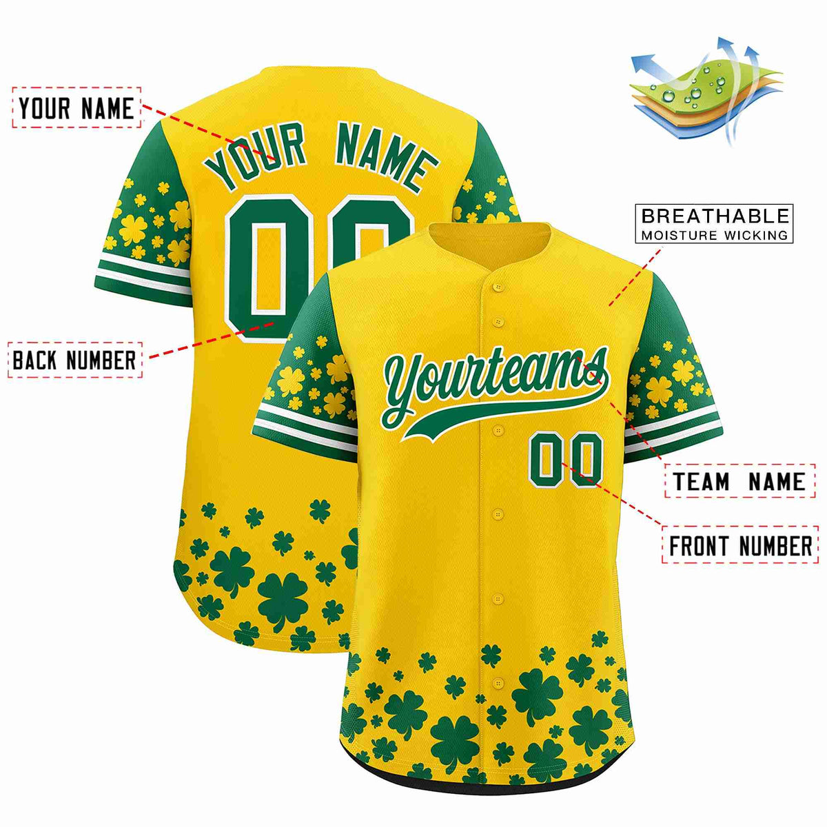 Custom Gold Kelly Green St.Patrick&#39;s Day Personalized Four Leaf Clover Pattern Baseball Jersey