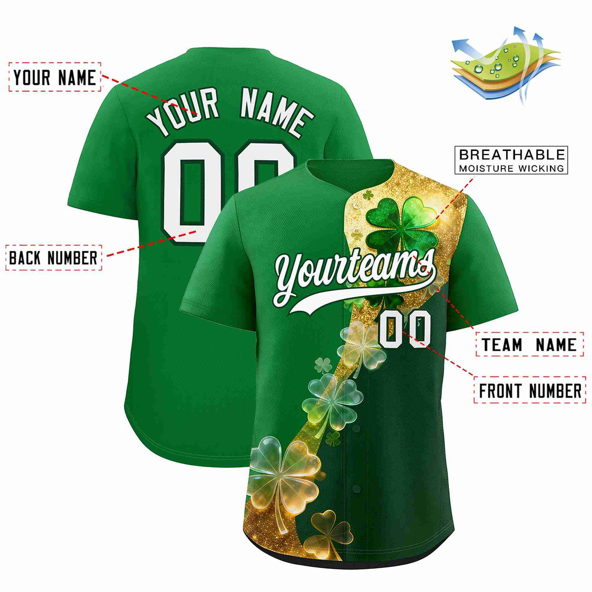 Custom Kelly Green Green St.Patrick&#39;s Day Personalized Four Leaf Clover Pattern Baseball Jersey
