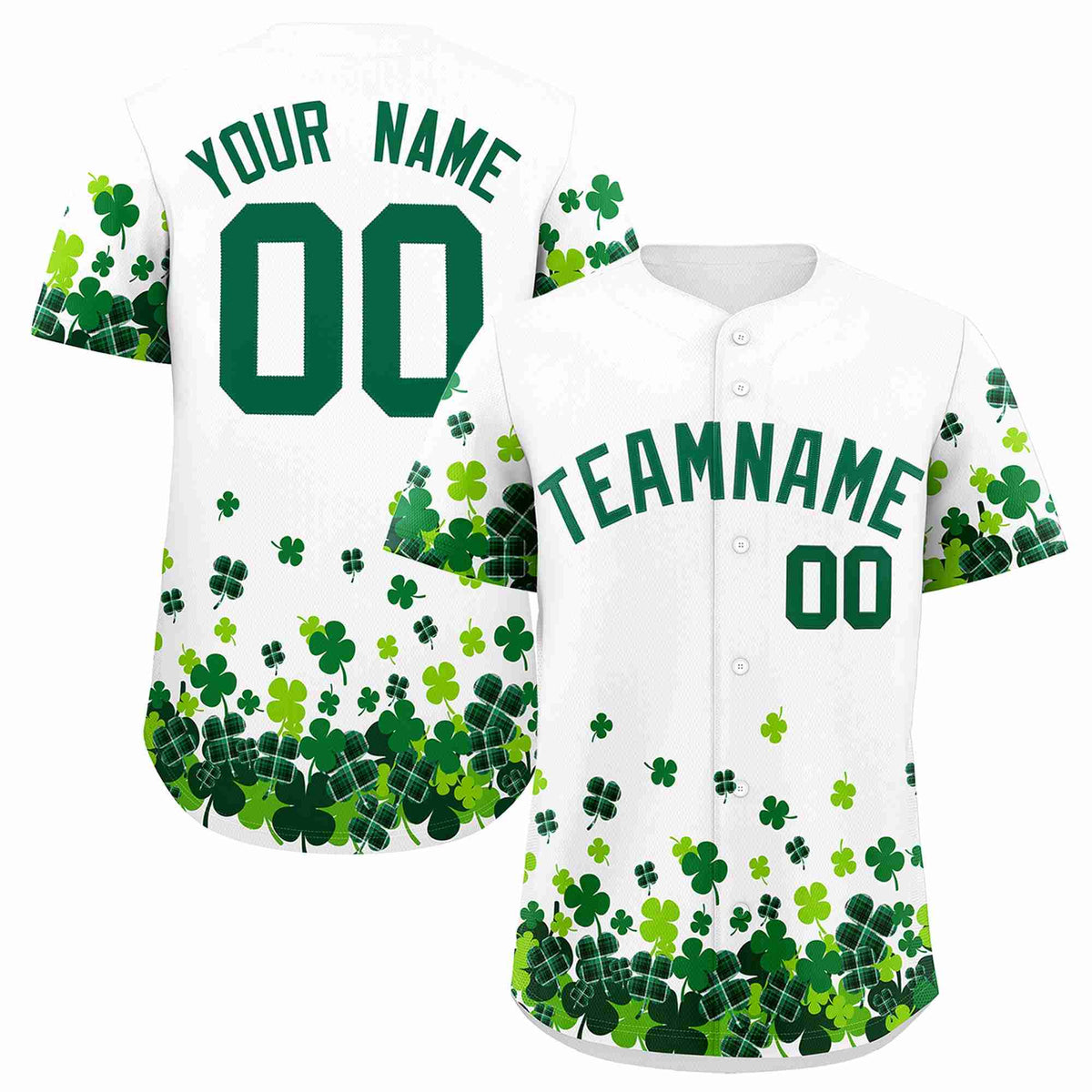 Custom White Green St.Patrick&#39;s Day Personalized Four Leaf Clover Pattern Baseball Jersey