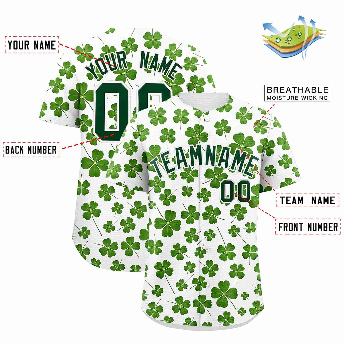Custom White Green St.Patrick&#39;s Day Personalized Four Leaf Clover Pattern Baseball Jersey