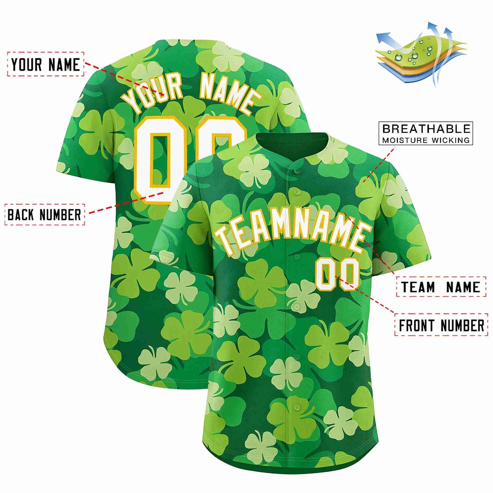 Custom Kelly Green White St.Patrick's Day Personalized Four Leaf Clover Pattern Baseball Jersey