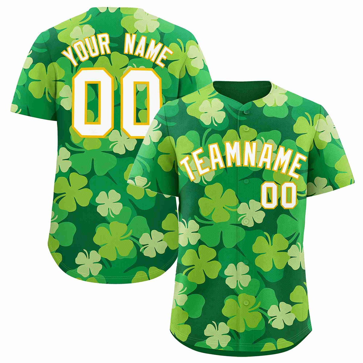 Custom Kelly Green White St.Patrick&#39;s Day Personalized Four Leaf Clover Pattern Baseball Jersey