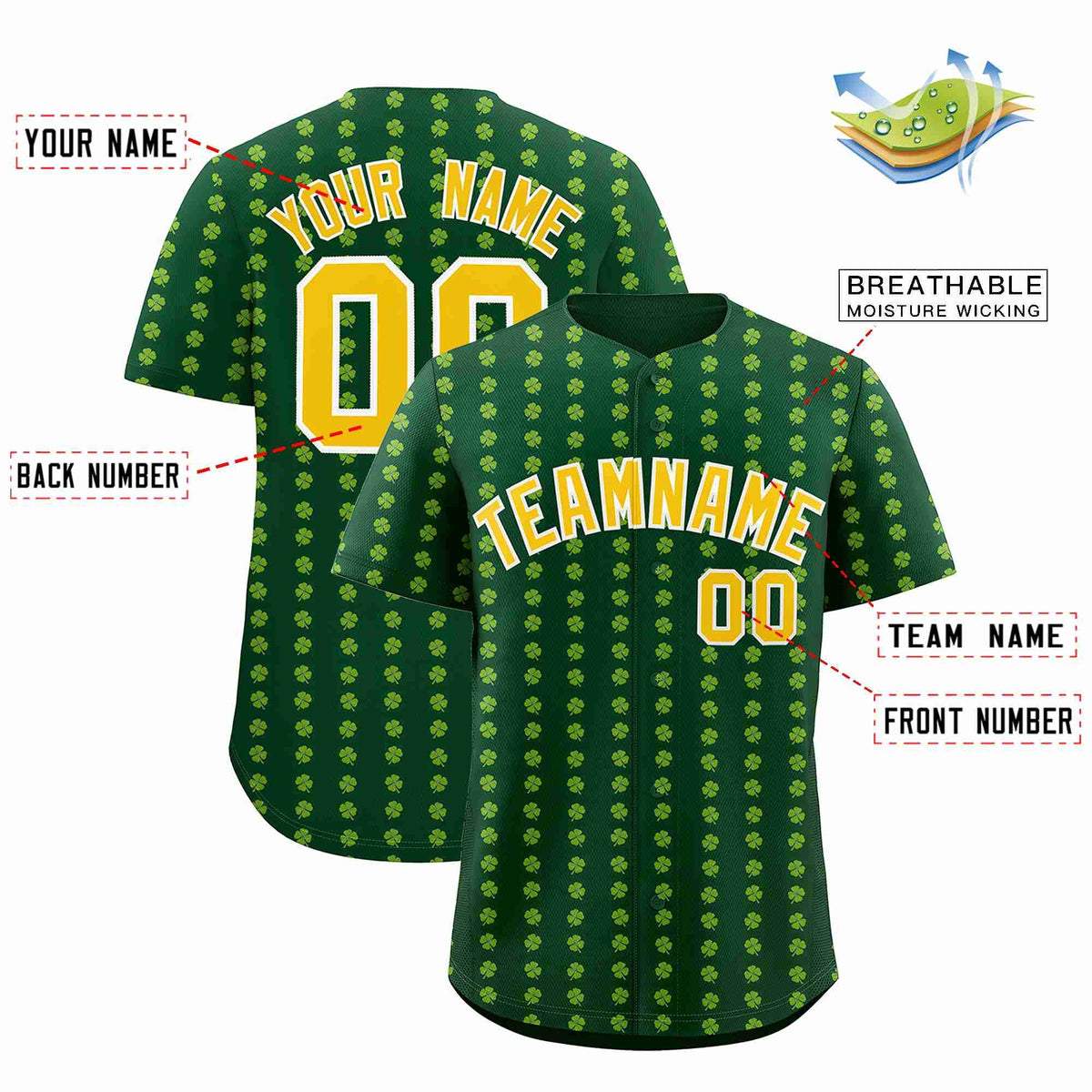 Custom Green Gold St.Patrick&#39;s Day Personalized Four Leaf Clover Pattern Baseball Jersey