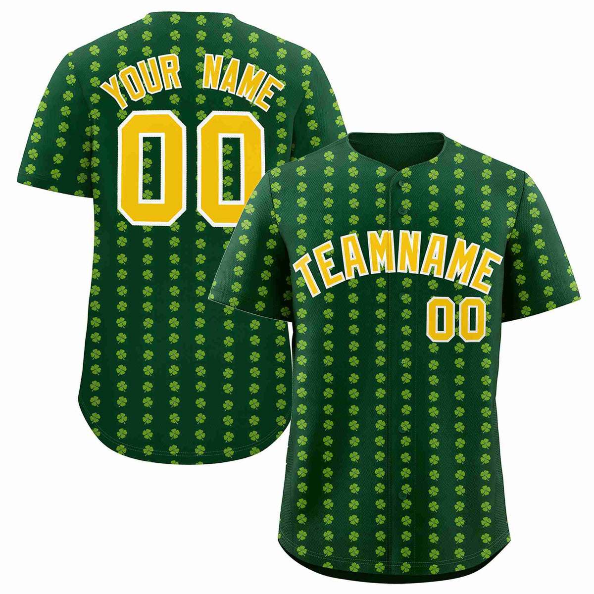 Custom Green Gold St.Patrick&#39;s Day Personalized Four Leaf Clover Pattern Baseball Jersey