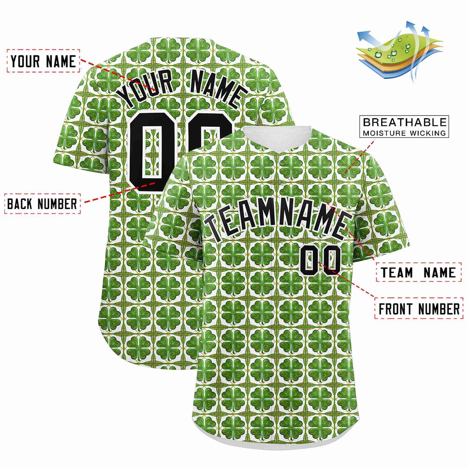 Custom White Black St.Patrick's Day Personalized Four Leaf Clover Pattern Baseball Jersey