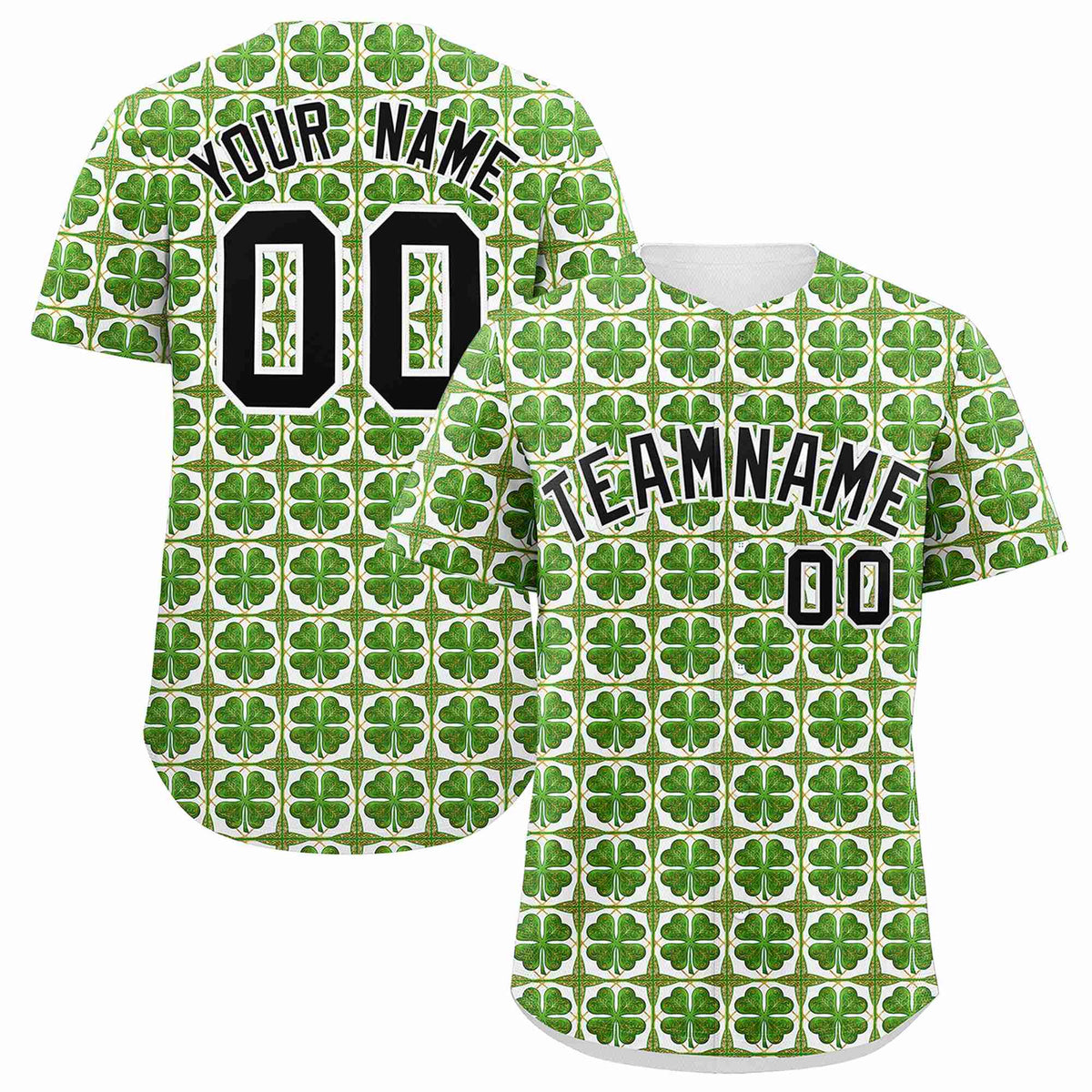 Custom White Black St.Patrick&#39;s Day Personalized Four Leaf Clover Pattern Baseball Jersey