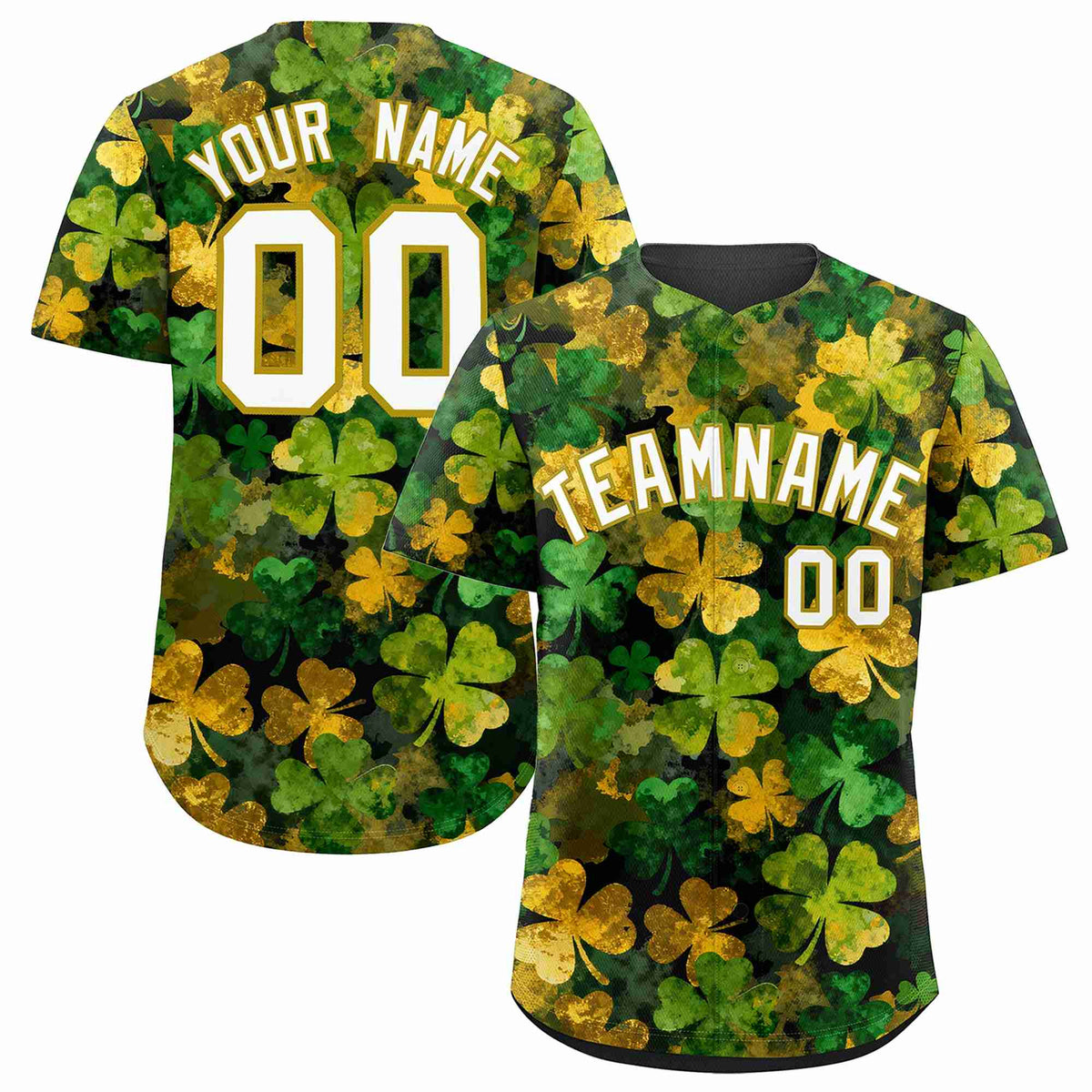Custom Black White St.Patrick&#39;s Day Personalized Four Leaf Clover Pattern Baseball Jersey