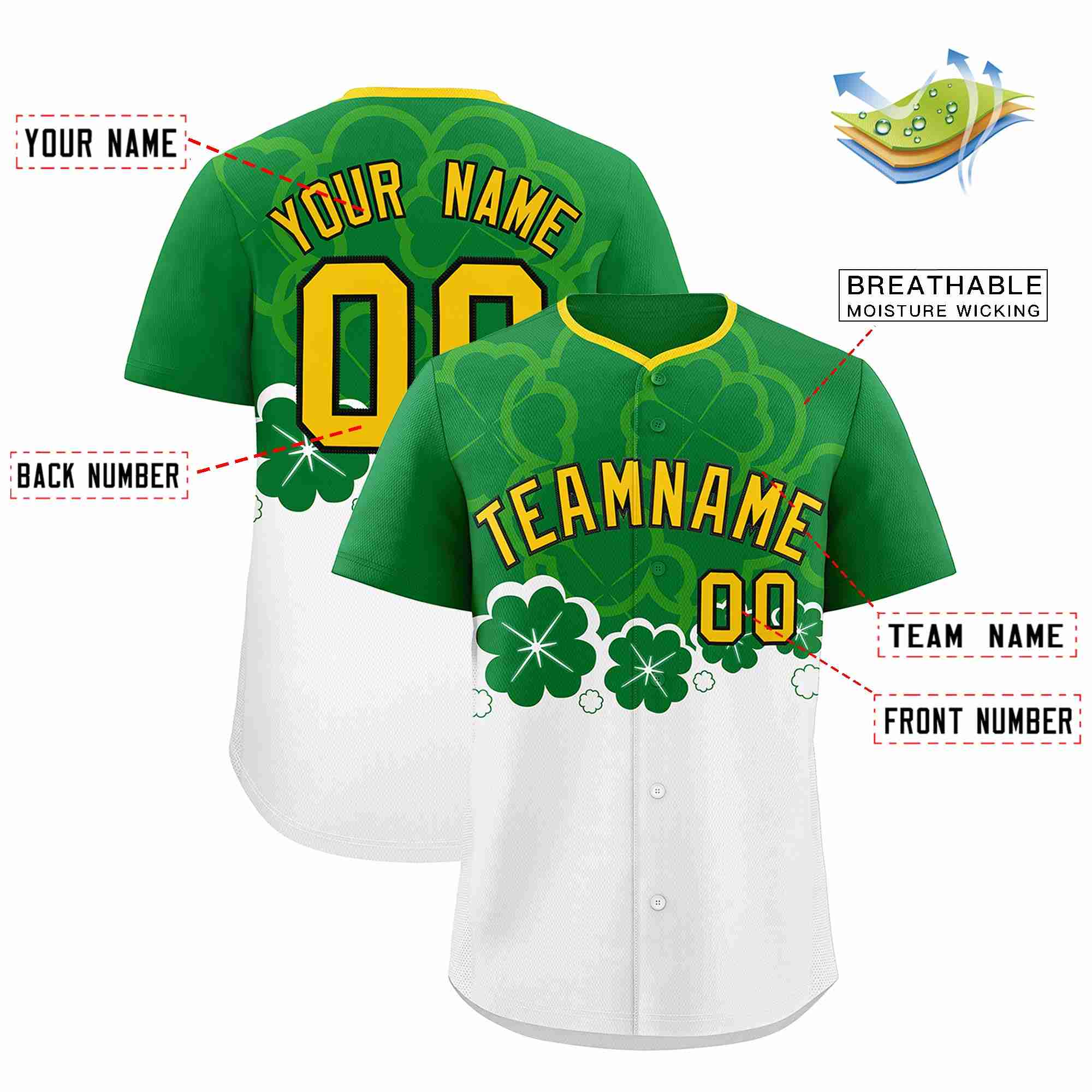 Custom White Kelly Green St.Patrick's Day Personalized Four Leaf Clover Pattern Baseball Jersey