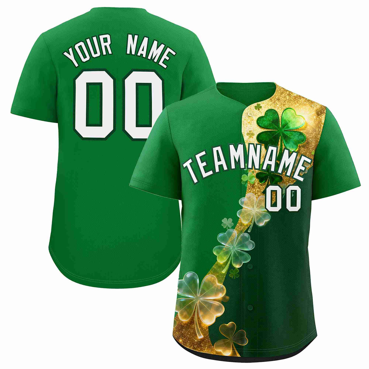 Custom Kelly Green Green St.Patrick&#39;s Day Personalized Four Leaf Clover Pattern Baseball Jersey