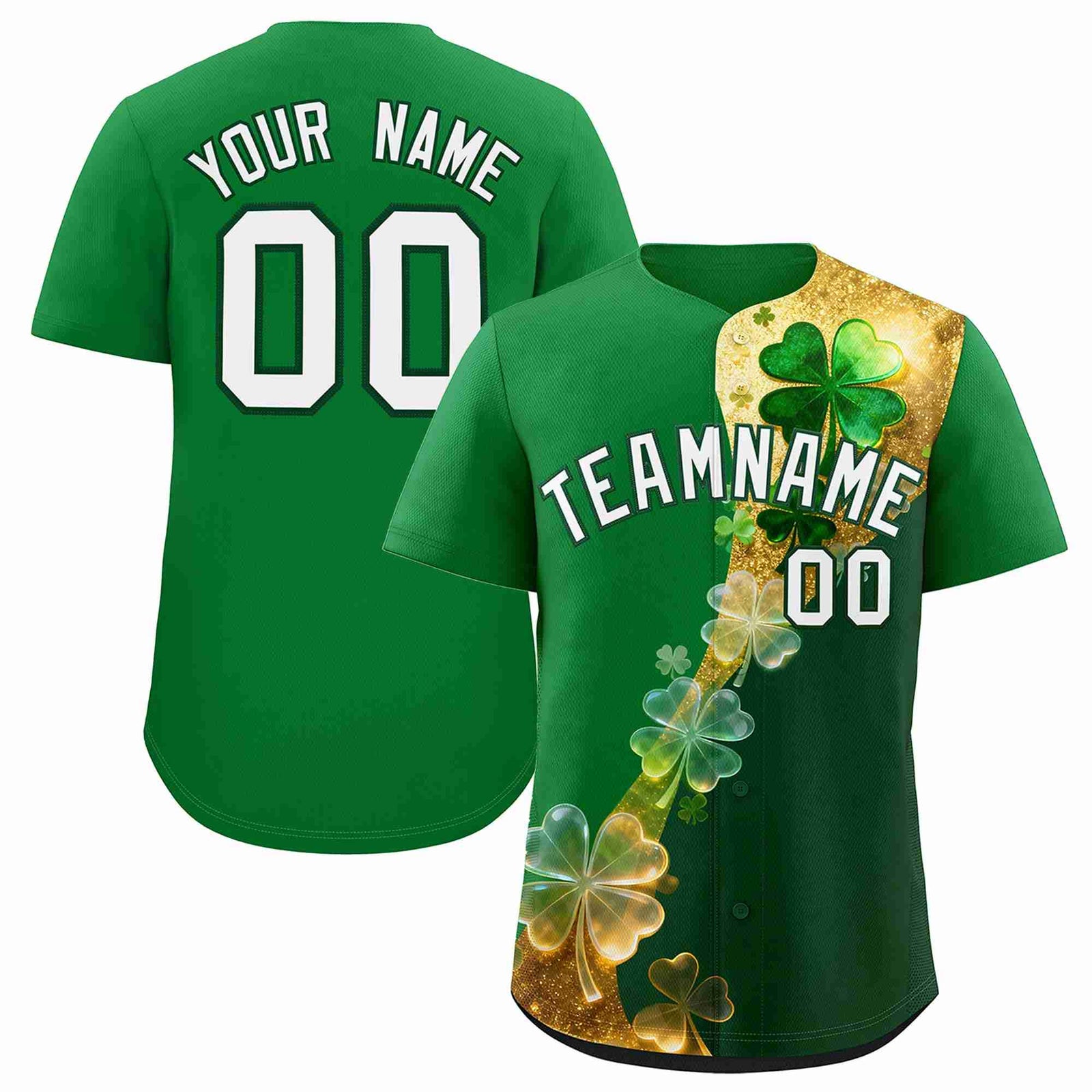 Custom Kelly Green Green St.Patrick's Day Personalized Four Leaf Clover Pattern Baseball Jersey