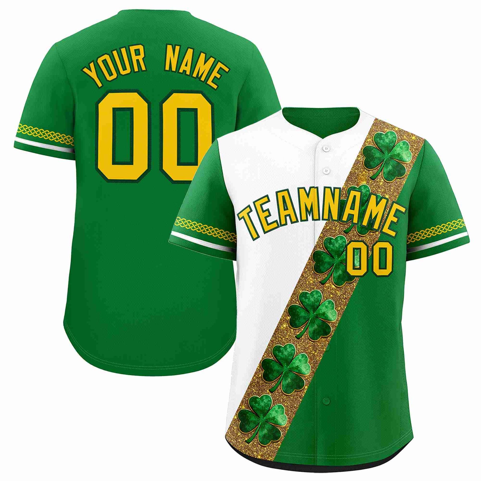 Custom White Kelly Green St.Patrick's Day Personalized Four Leaf Clover Pattern Baseball Jersey