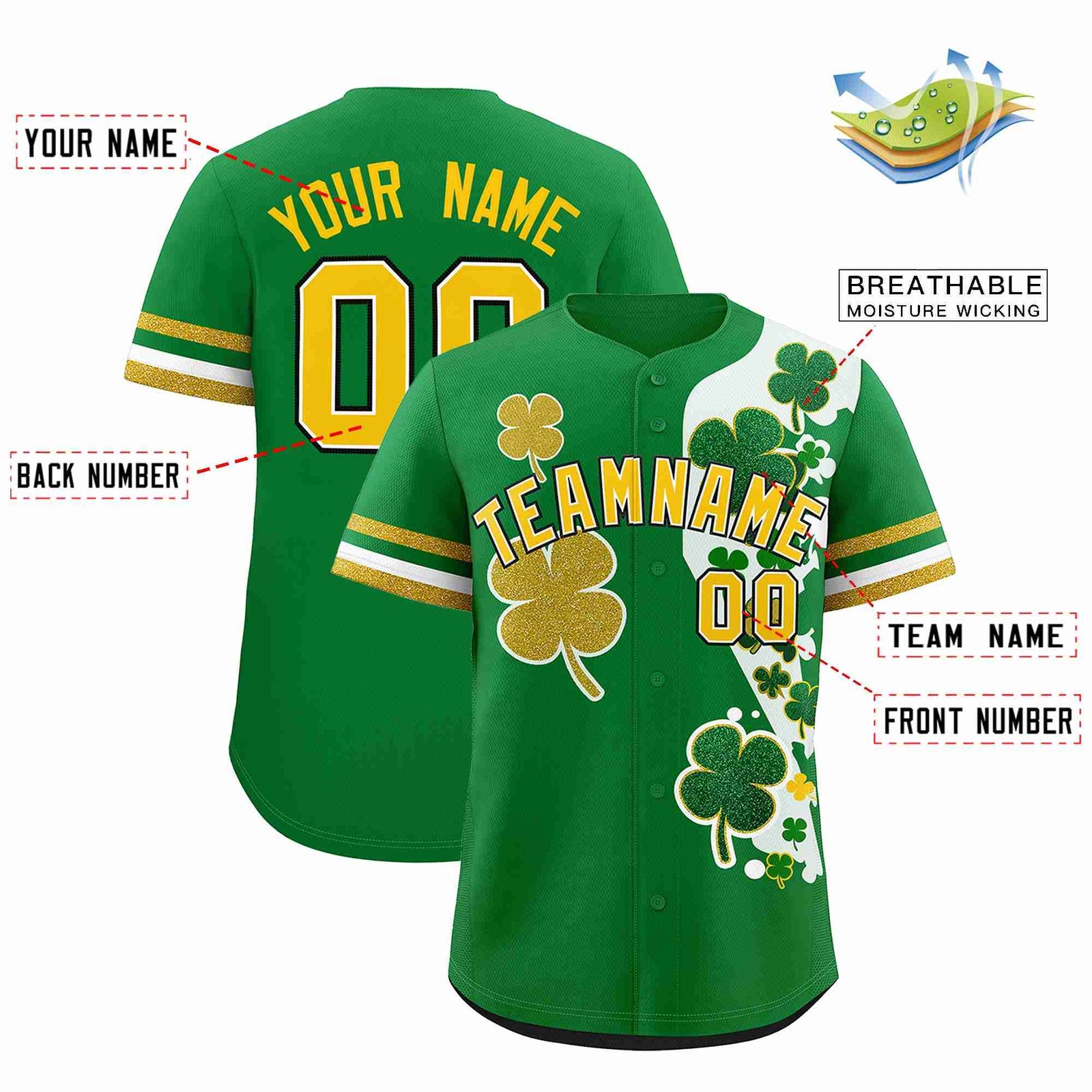 Custom Kelly Green Gold St.Patrick's Day Personalized Four Leaf Clover Pattern Baseball Jersey