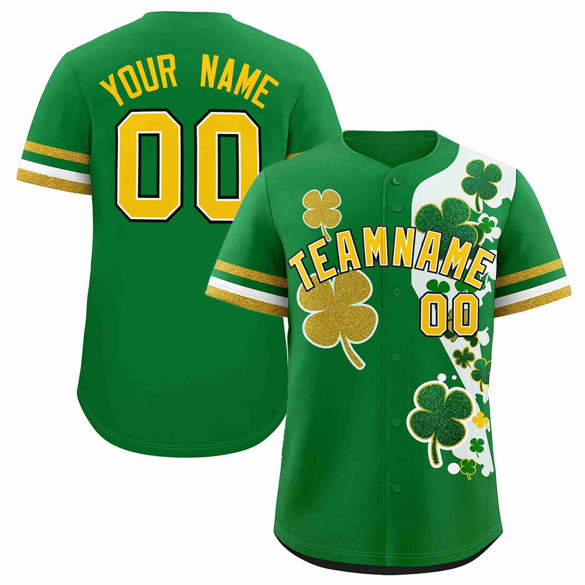 Custom Kelly Green Gold St.Patrick&#39;s Day Personalized Four Leaf Clover Pattern Baseball Jersey