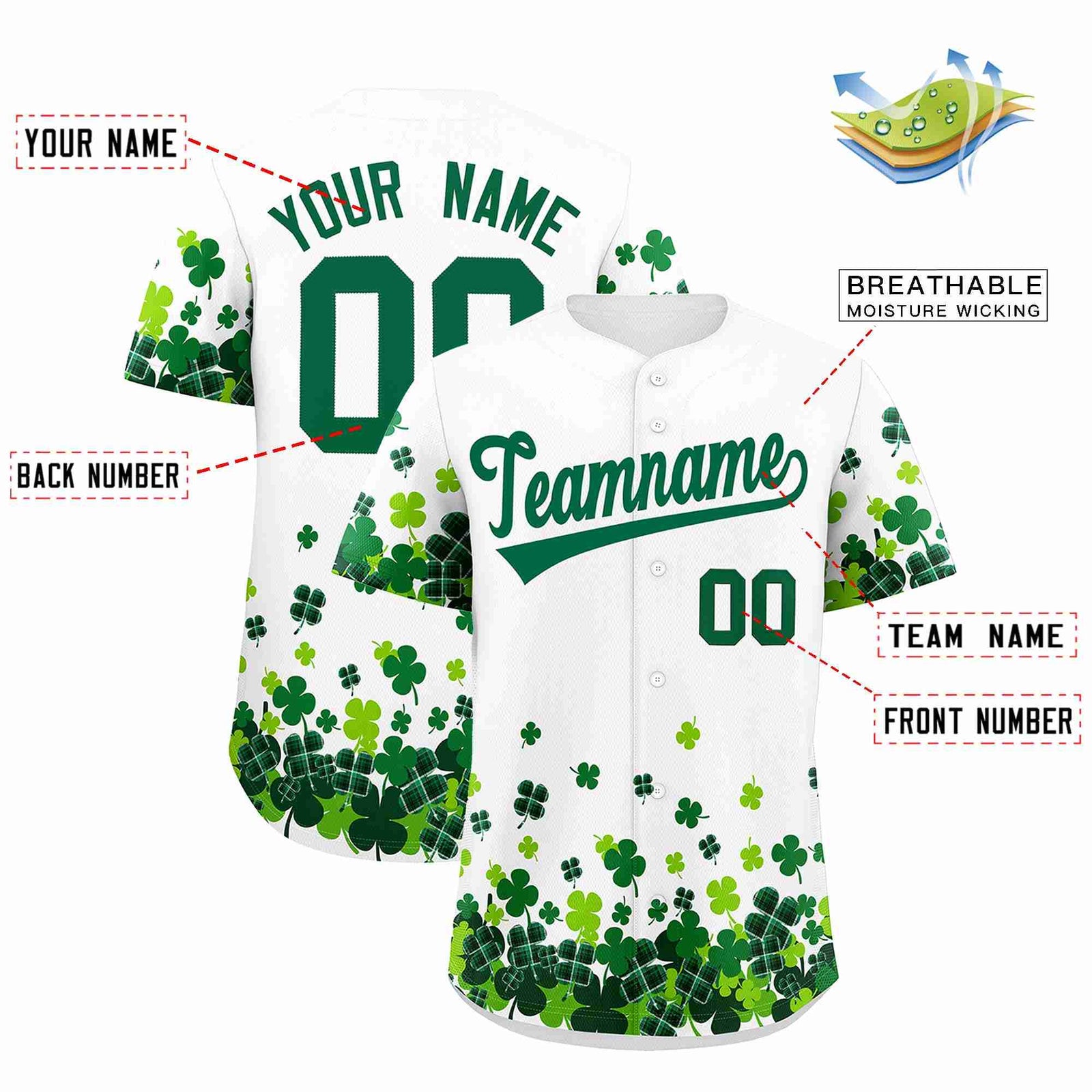 Custom White Green St.Patrick's Day Personalized Four Leaf Clover Pattern Baseball Jersey| KXKSHOP