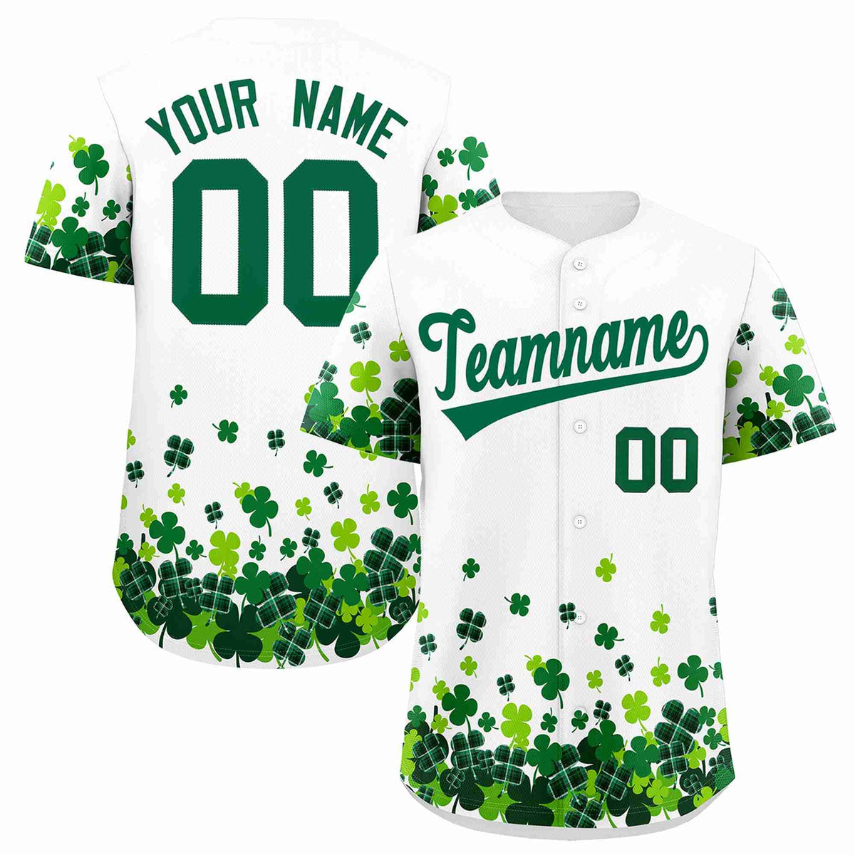 Custom White Green St.Patrick&#39;s Day Personalized Four Leaf Clover Pattern Baseball Jersey| KXKSHOP
