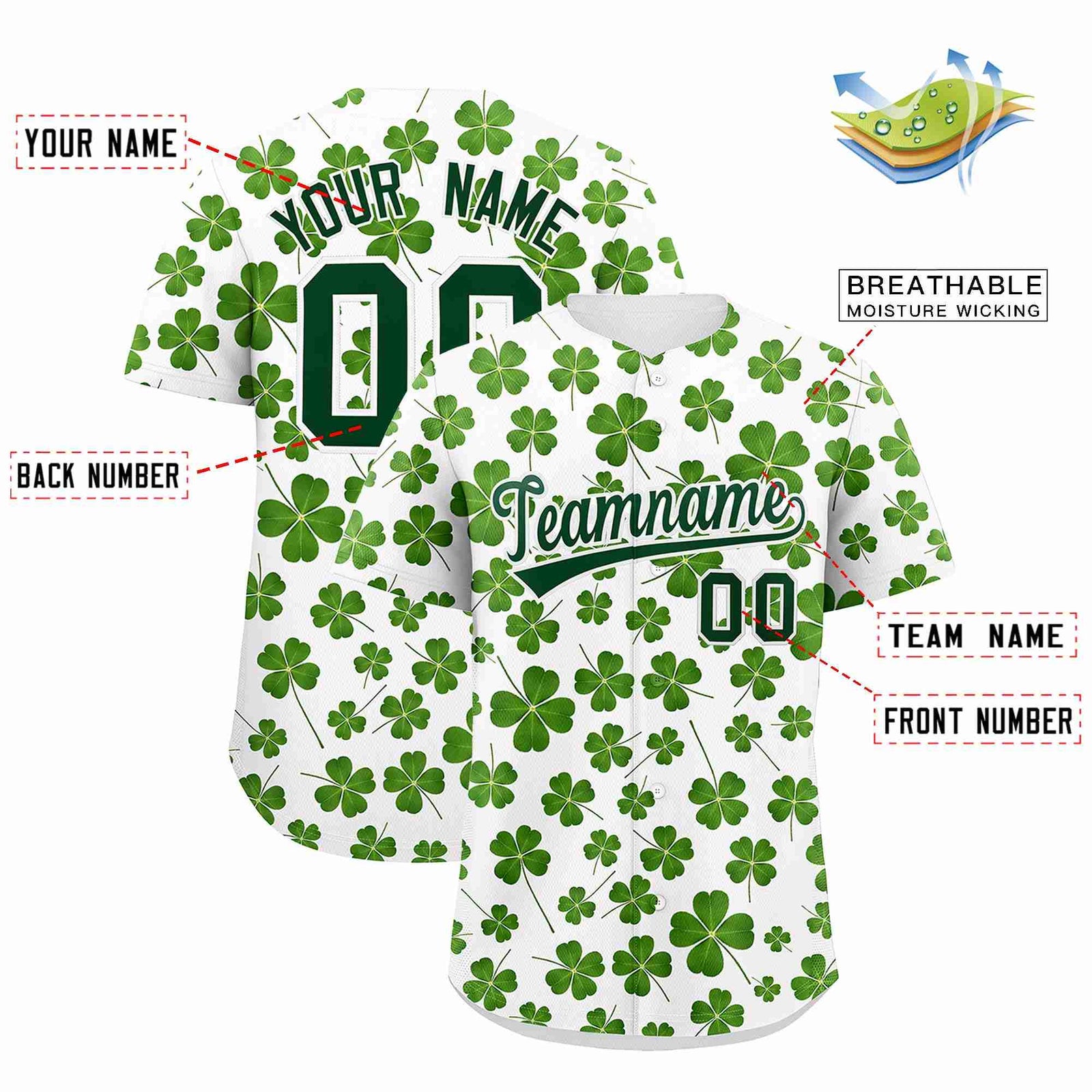 Custom White Green St.Patrick's Day Personalized Four Leaf Clover Pattern Baseball Jersey| KXKSHOP