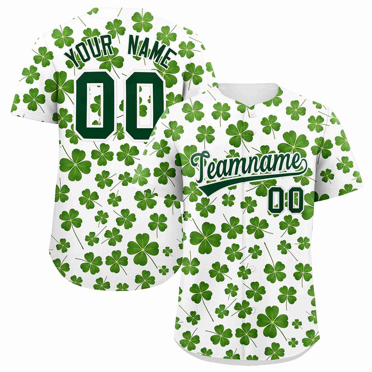 Custom White Green St.Patrick&#39;s Day Personalized Four Leaf Clover Pattern Baseball Jersey| KXKSHOP