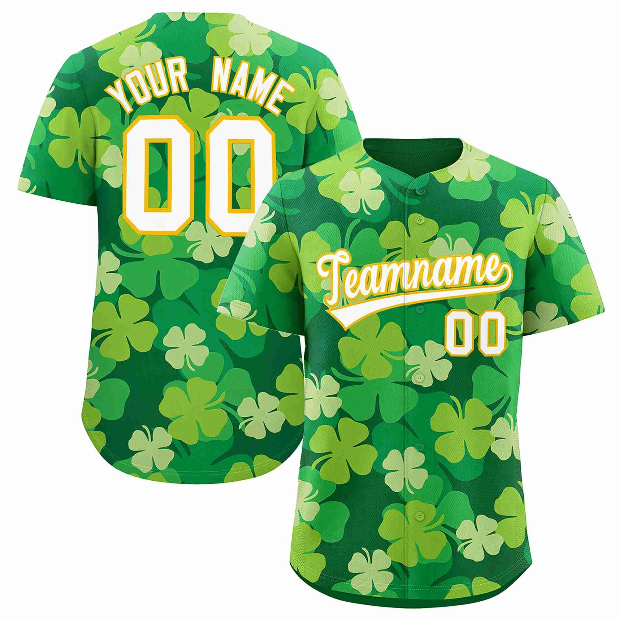 Custom Kelly Green White St.Patrick's Day Personalized Four Leaf Clover Pattern Baseball Jersey| KXKSHOP