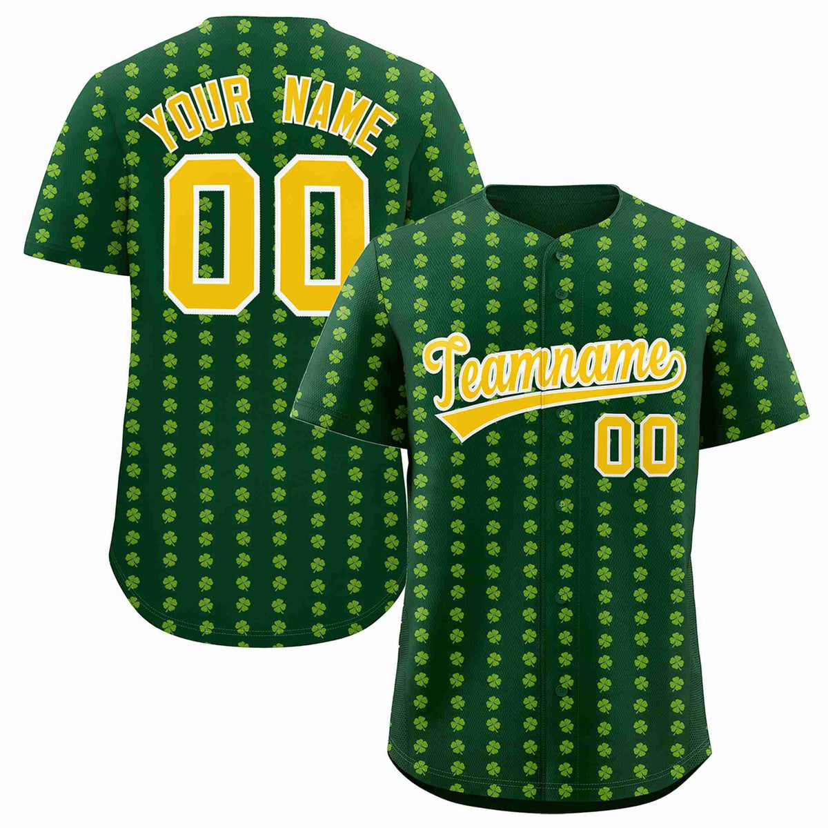 Custom Green Gold St.Patrick&#39;s Day Personalized Four Leaf Clover Pattern Baseball Jersey| KXKSHOP