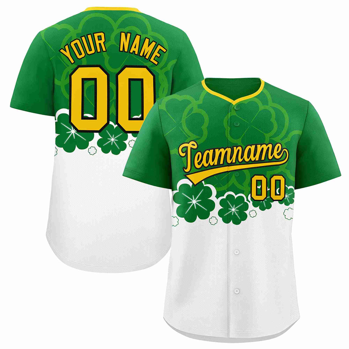 Custom White Kelly Green St.Patrick&#39;s Day Personalized Four Leaf Clover Pattern Baseball Jersey| KXKSHOP