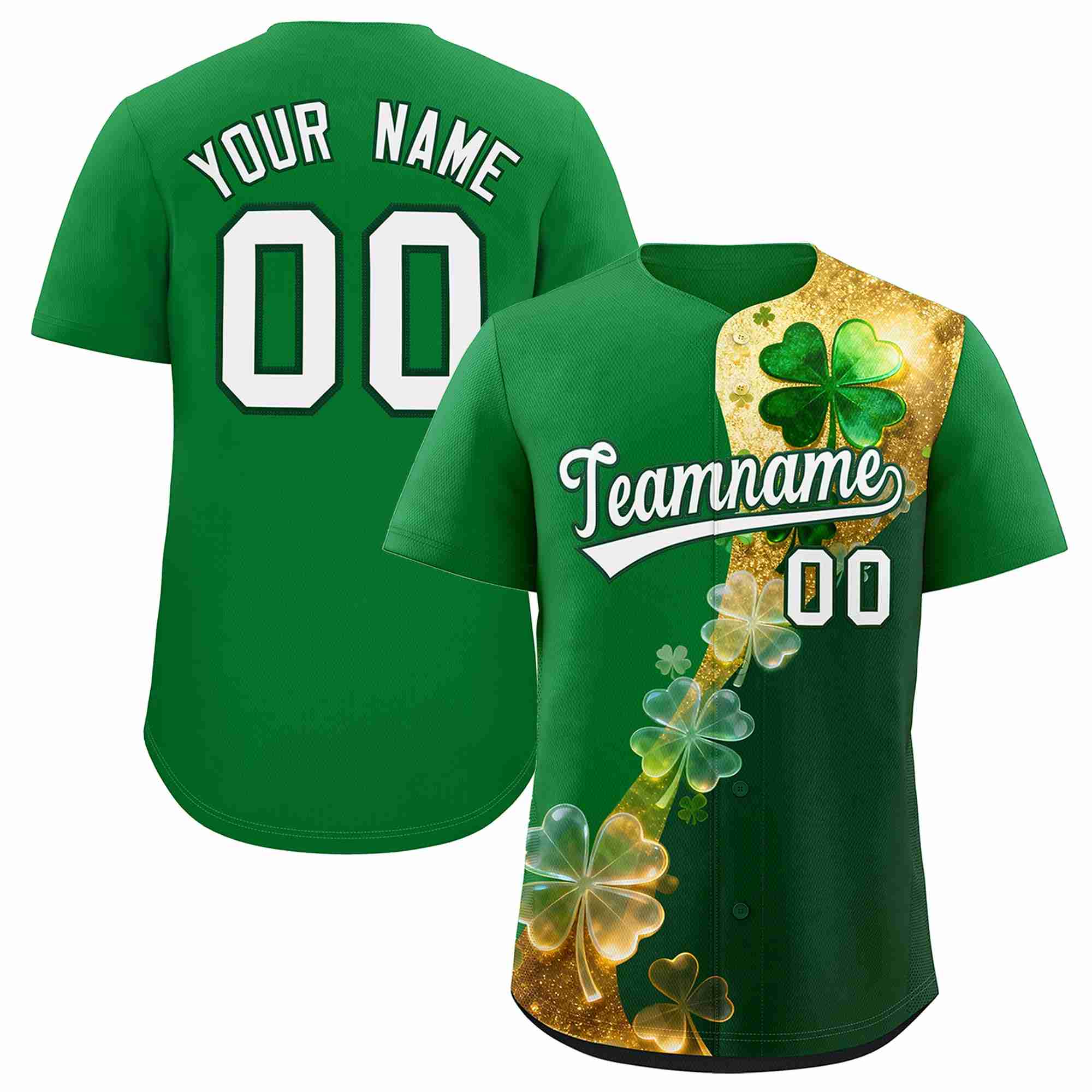 Custom Kelly Green Green St.Patrick's Day Personalized Four Leaf Clover Pattern Baseball Jersey| KXKSHOP